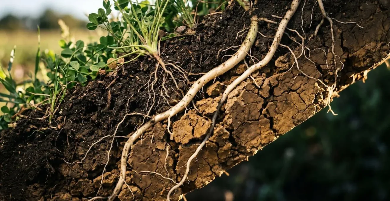 Dramatic close-up of deep-rooting cover crop roots penetrating compacted soil layers showing soil structure restoration
