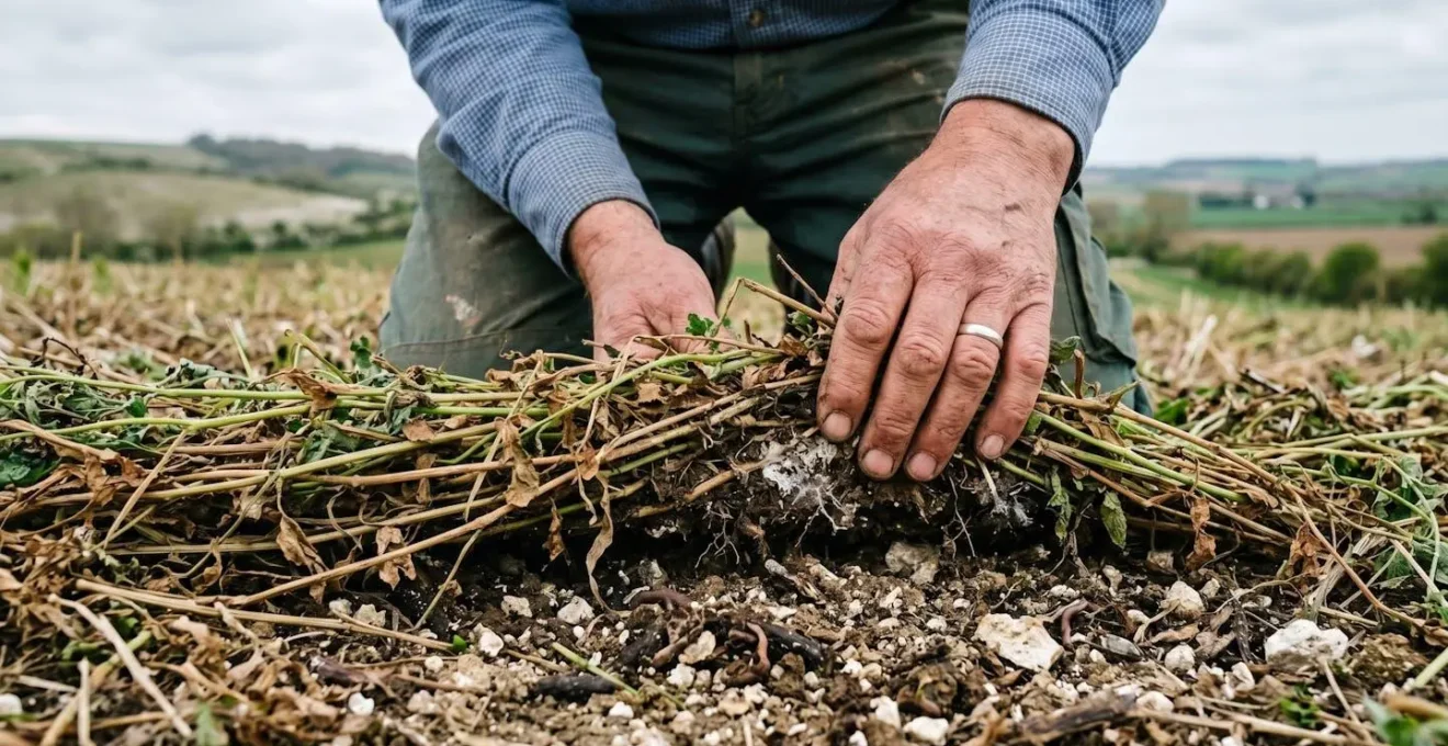 Close-up of crimped cover crop residue on UK chalk soil surface showing decomposition process with visible soil organisms