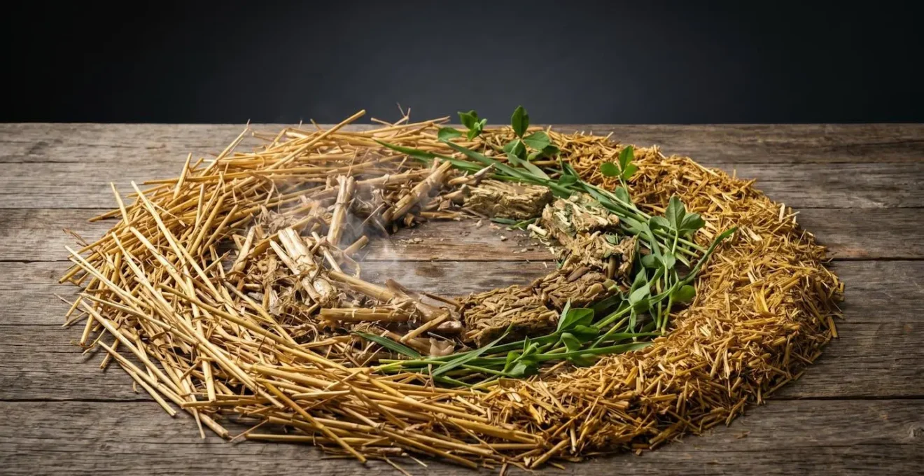 Symbolic representation of agricultural nutrient cycling showing crop residues being transformed into valuable livestock feed