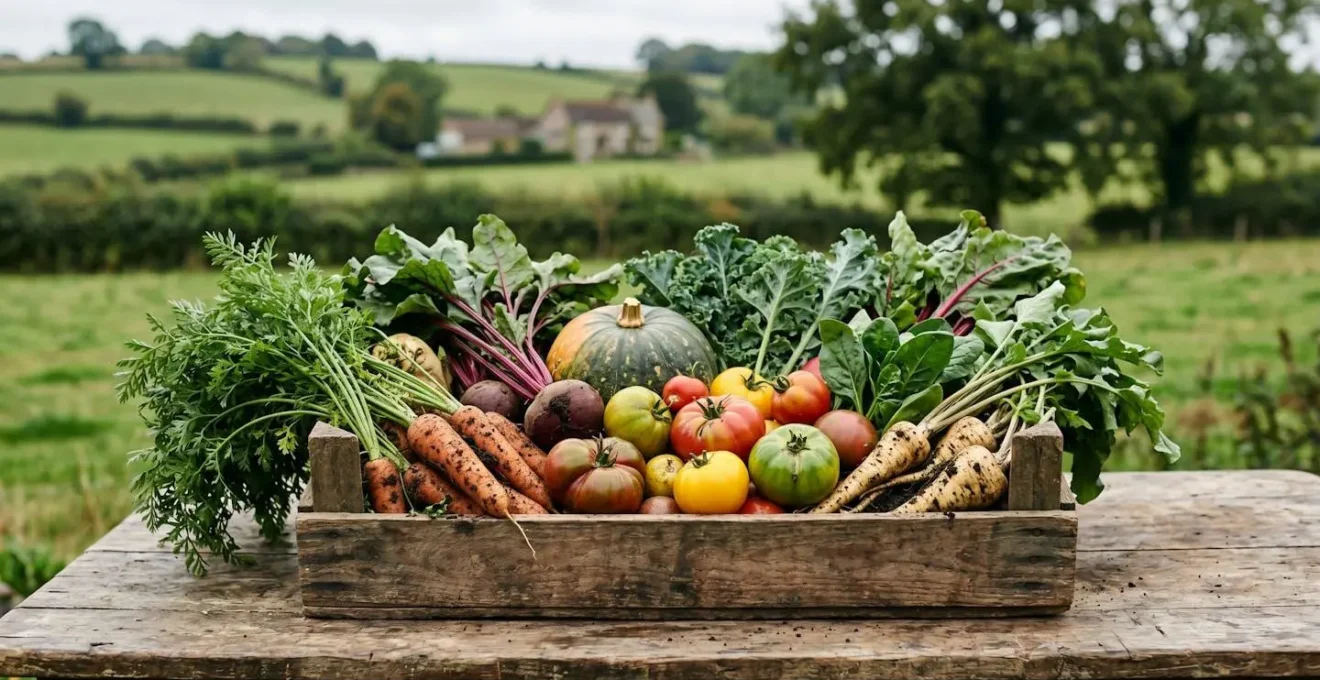 Abundant harvest of diverse seasonal vegetables arranged in rustic wooden crate representing CSA weekly share box