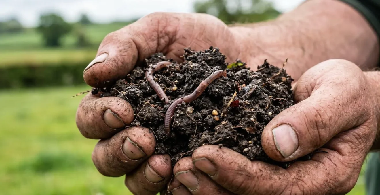 Close-up of farmer's hands holding rich, dark soil teeming with earthworms demonstrating soil health in regenerative agriculture