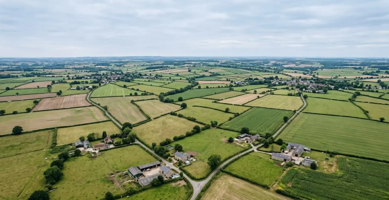 Abstract aerial view of local food distribution network with collection points and delivery routes across UK countryside