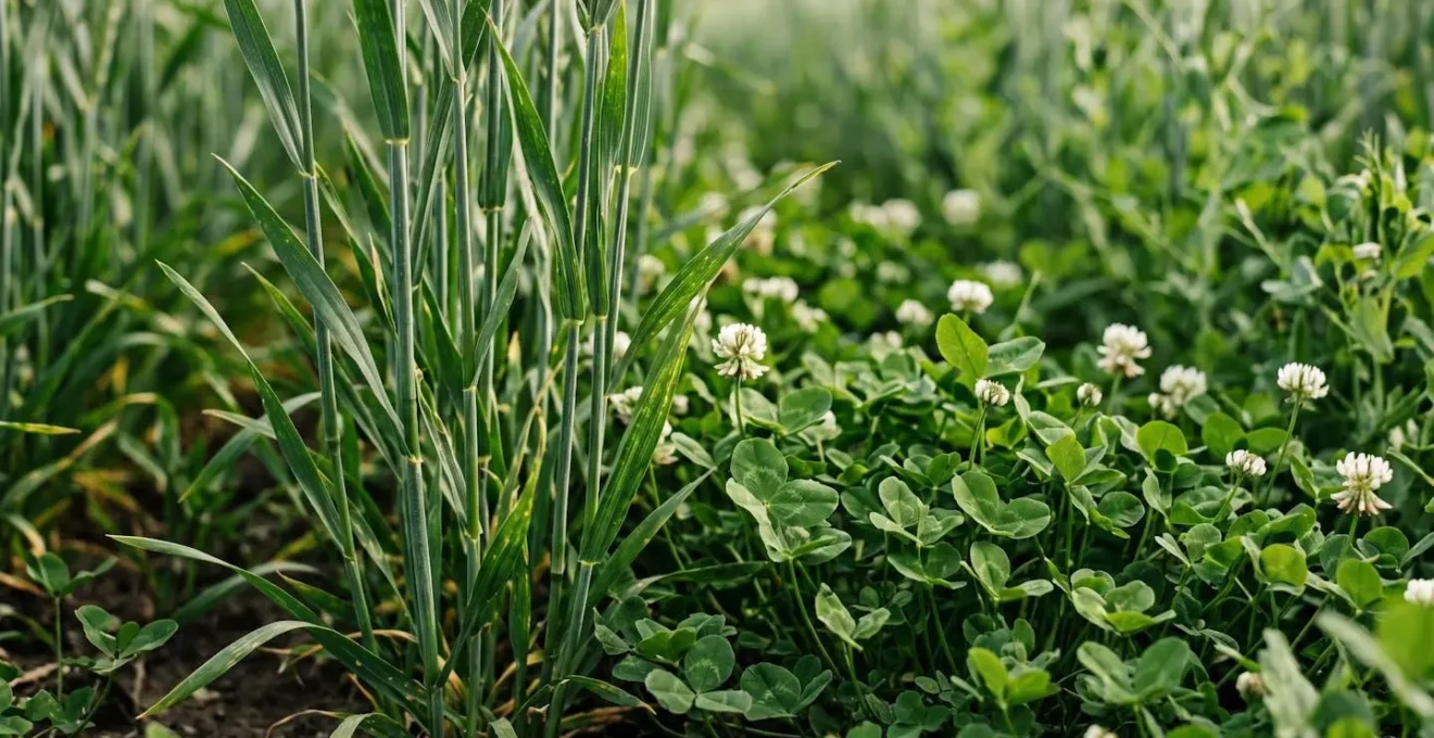 Multi-species cover crop intercropping system showing cereal and legume companion planting for soil health recovery