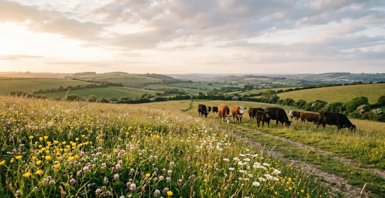 Species-rich pasture with grazing livestock showing biodiversity and sustainable farming integration