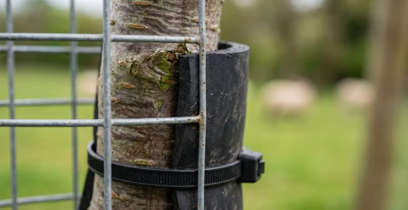 Close-up detail of handmade tree guard using weld mesh and recycled materials protecting young sapling from livestock