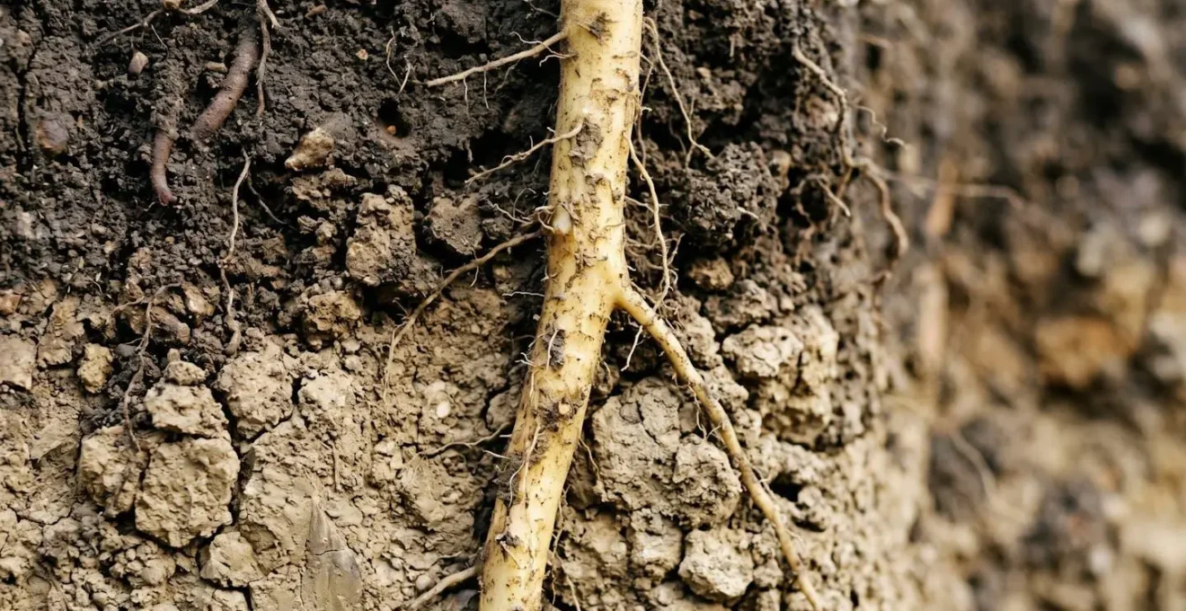 Macro cross-section view showing deep plant taproot penetrating through compacted soil layers with visible structural differences