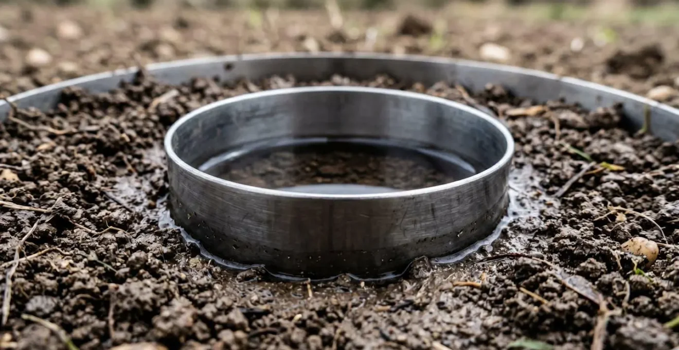 Double-ring infiltrometer setup measuring soil water infiltration rate in agricultural field