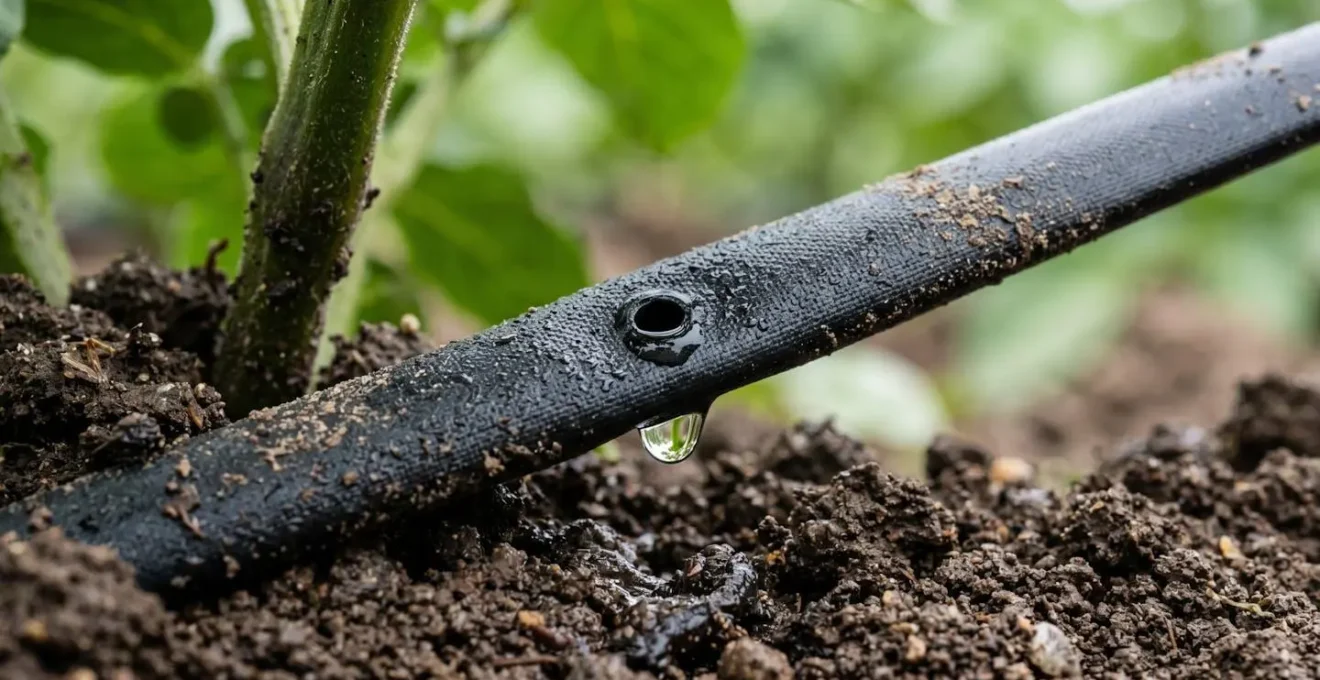 Close-up view of drip irrigation tape being installed in potato field soil