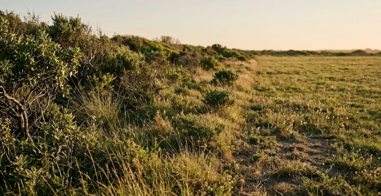 Ecotone transitional zone between scrub and short grass creating diverse microhabitats