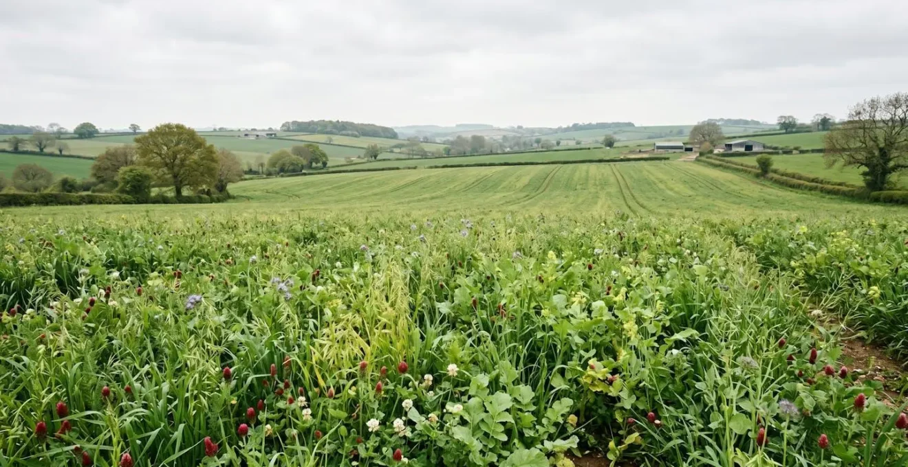 Wide landscape view of diverse cover crop field showing varied plant species textures under natural UK spring light