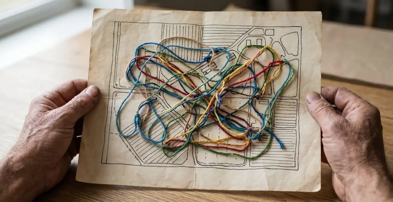 Overhead view of a farm map with overlapping pathways traced in different colors showing daily movement patterns