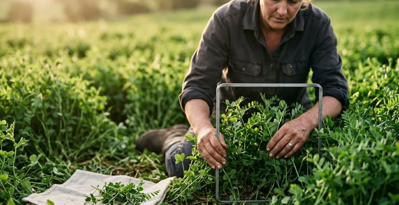 Farmer using a sampling quadrat to measure cover crop biomass in a field for nitrogen credit calculation
