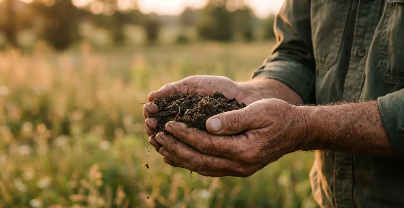 Close-up of weathered hands examining crumbly soil structure in an agricultural field during golden hour lighting