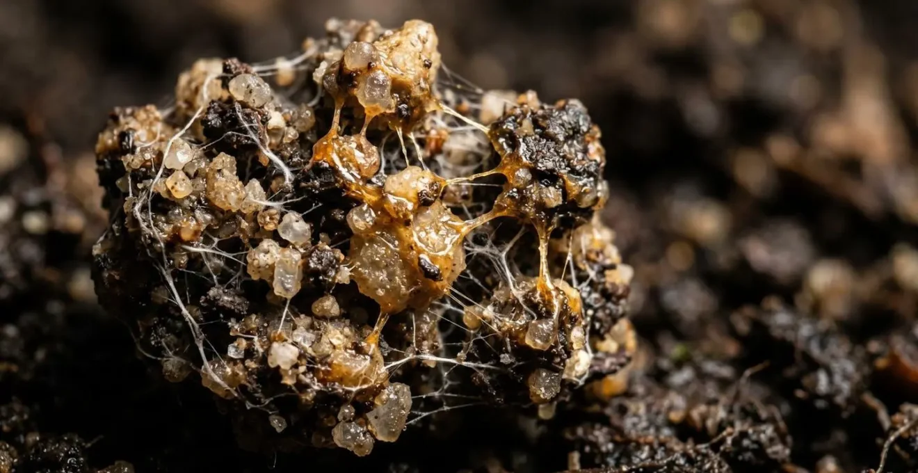 Microscopic view of soil particles bound together by sticky glomalin proteins produced by mycorrhizal fungi