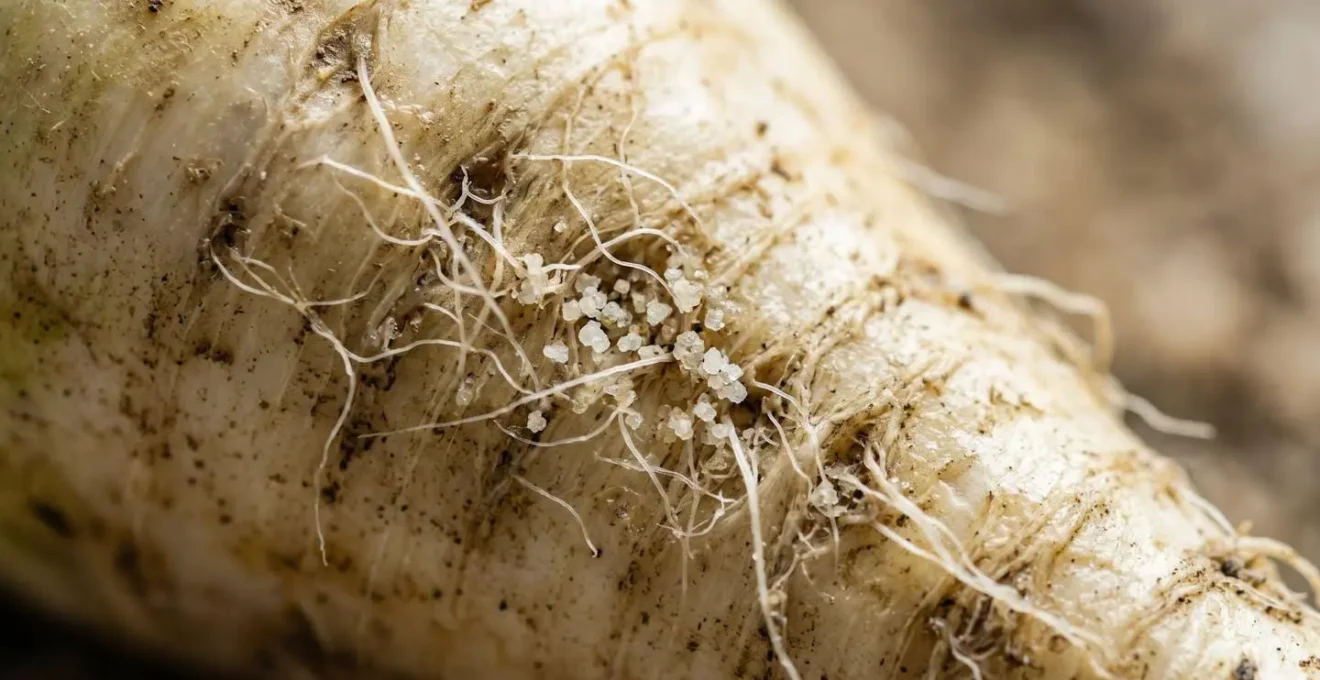 Close-up macro view of brassica root surface showing cellular detail and defensive compounds