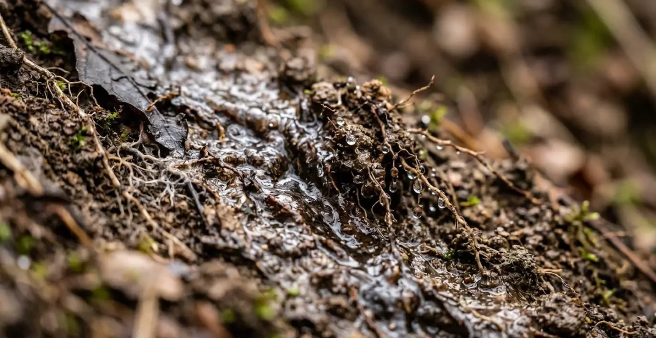 Close-up detail of water droplets flowing down a gentle slope through rich dark soil and organic matter