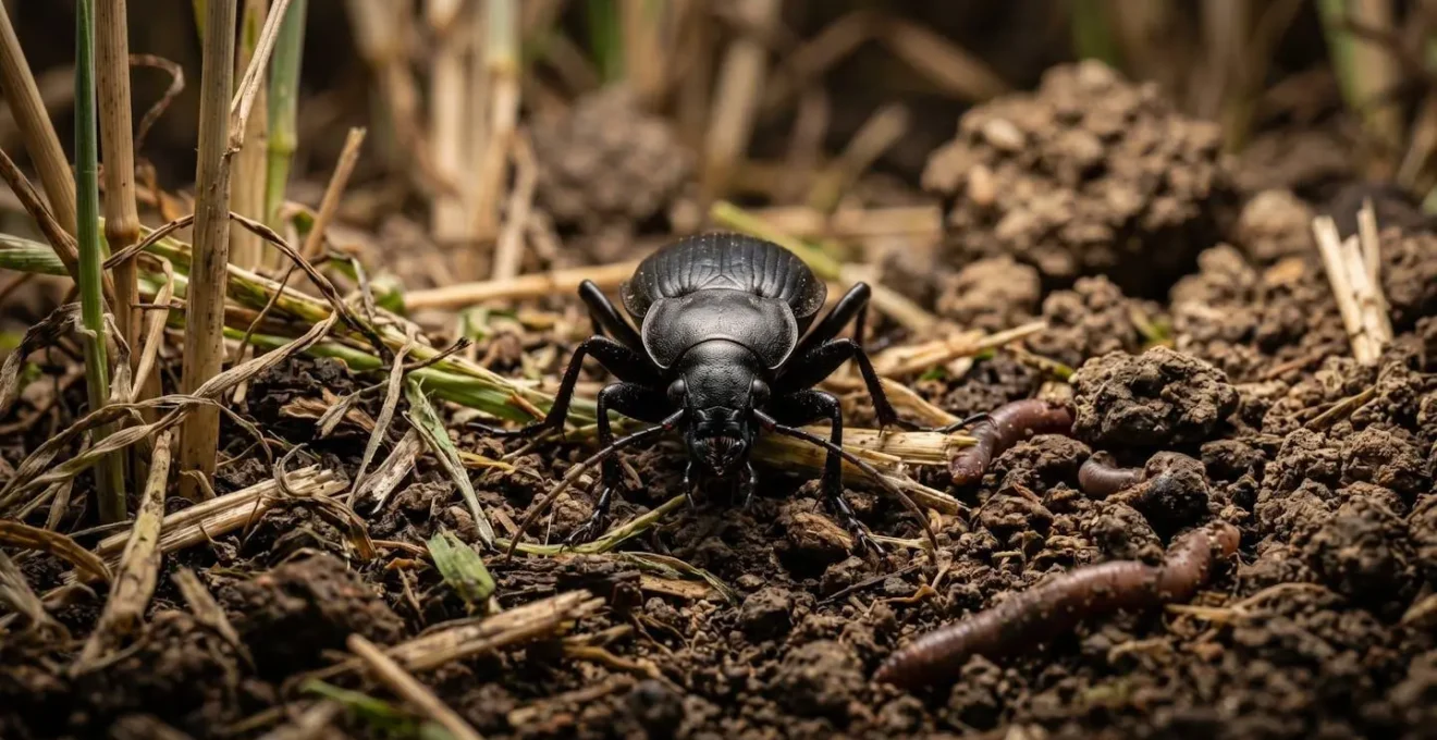 Ground-level perspective showing a generalist predatory ground beetle on the soil surface among crop residue, demonstrating integrated habitat for beneficial arthropods.