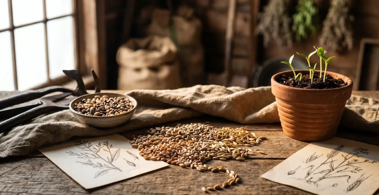 Heritage grain seeds arranged with natural documentation materials representing legal seed conservation and farmer sovereignty