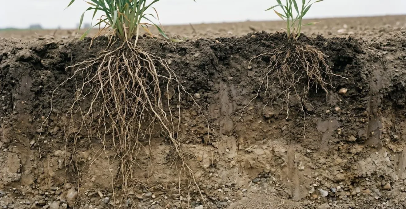 Side-by-side visual comparing deep heritage wheat roots versus shallow modern wheat root systems in soil profile