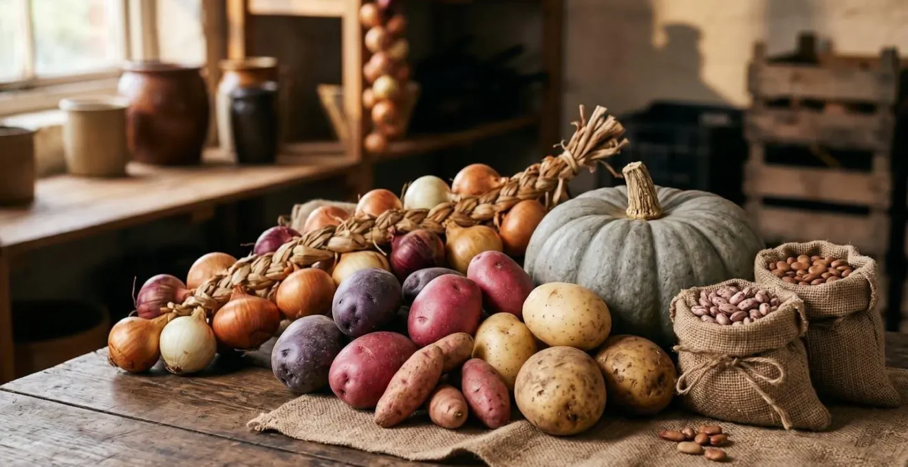 Close-up of diverse heritage potato varieties arranged on rustic wooden surface showing calorie-dense staple crops