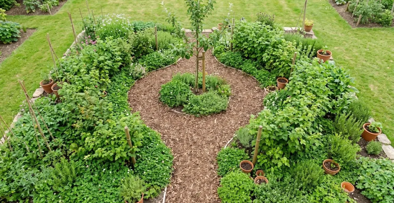 Aerial view of forest garden guild showing curved keyhole access path winding between densely planted fruit trees and companion plants