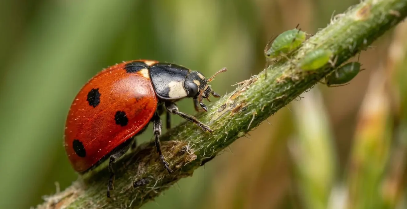 Close-up macro photograph showing a ladybird beetle on a plant stem with a small aphid population, demonstrating a natural predator-prey interaction.