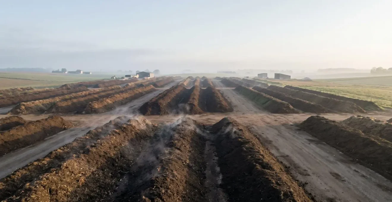 Wide-angle view of sustainable composting operations showing scale and environmental integration of bio-waste processing