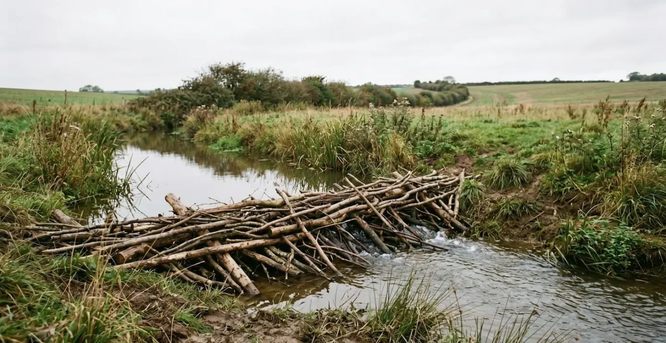 Wide environmental shot showing farm ditch with simple wooden leaky dam structure made from branches and natural materials creating small upstream pool