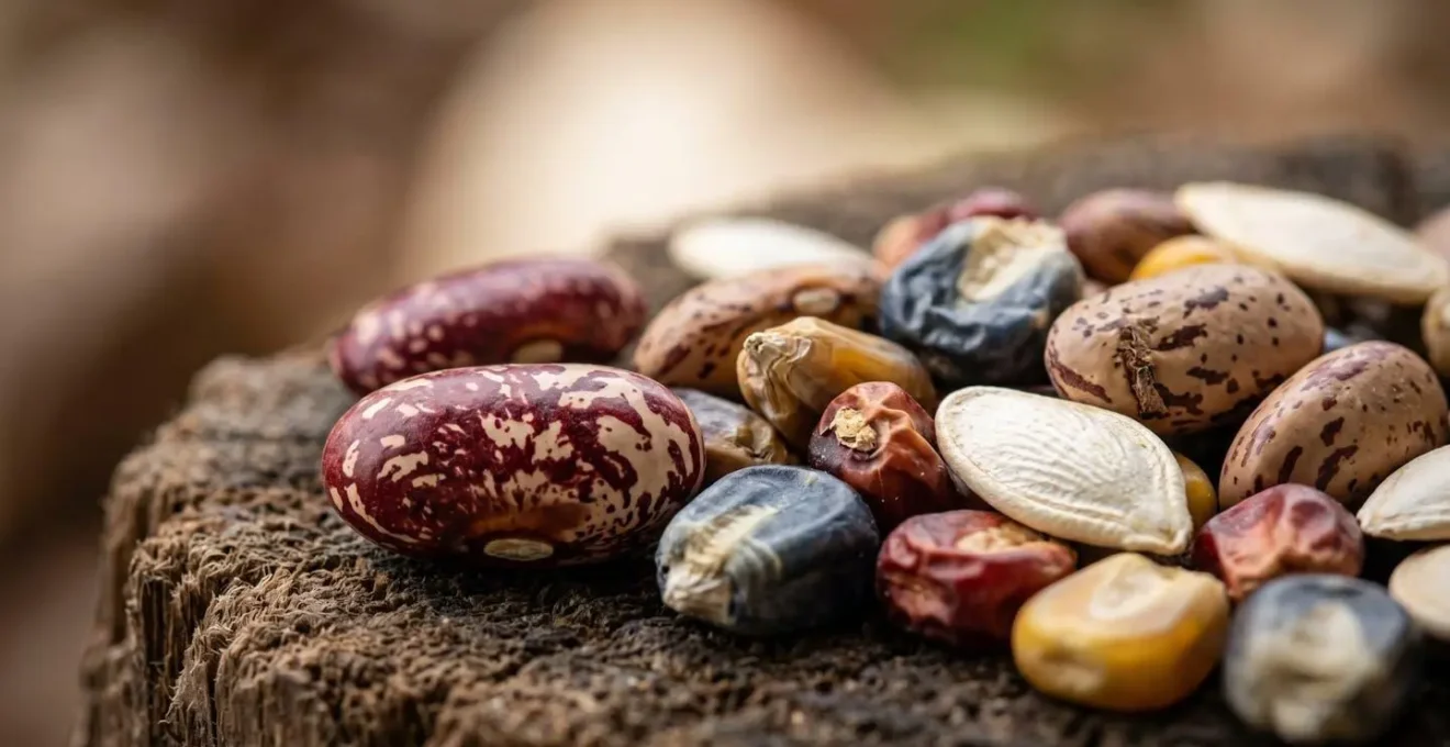 Extreme close-up of diverse heirloom seeds showing detailed textures and preservation quality
