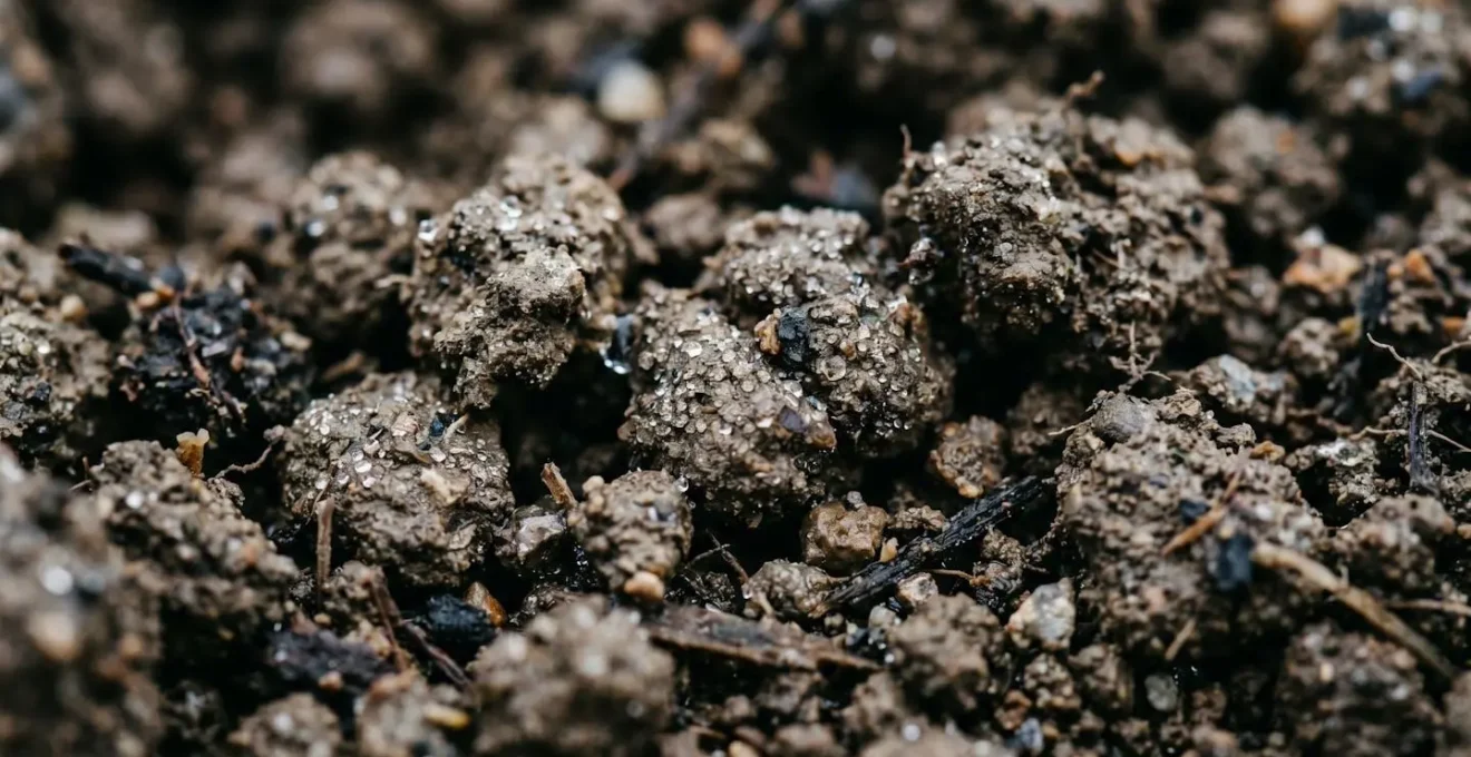 Extreme close-up macro photograph of cold soil particles with visible texture and moisture at shallow depth of field