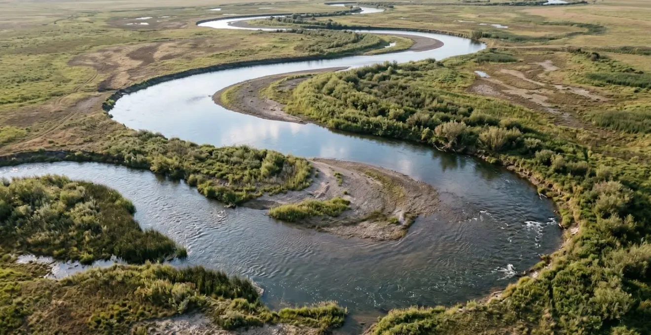 Aerial view of meandering water channel showing velocity variations and sediment patterns across bends