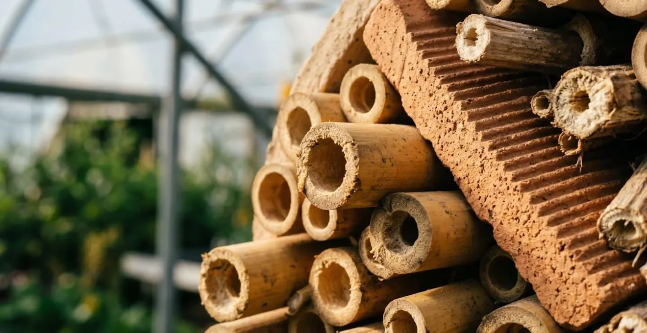 Close-up of modular beneficial insect habitat made from natural materials installed in commercial polytunnel near crop plants