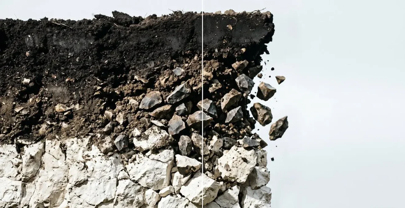 Cross-section view of soil layers showing how traditional ploughing inverts topsoil and brings flint stones from chalk subsoil to the surface layer