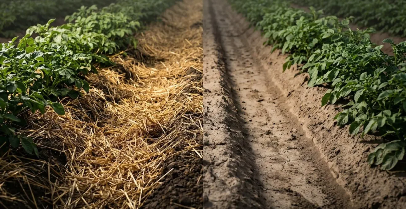 Potato field showing contrast between mulched and bare soil inter-row management