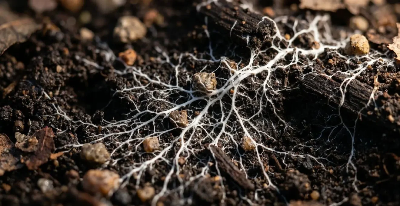 A microscopic view of arbuscular mycorrhizal fungal hyphae connecting plant roots to soil particles and creating stable aggregates.