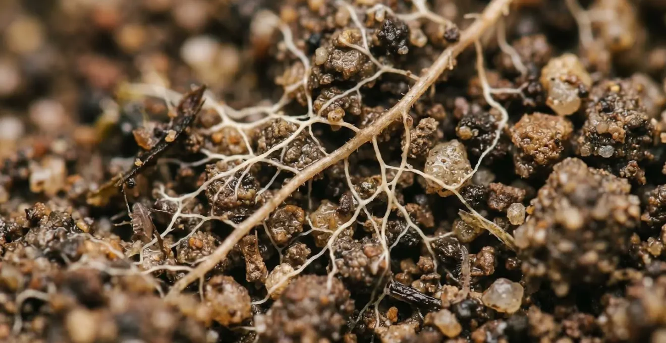 Extreme macro view of soil structure revealing mycorrhizal fungi networks and root interface