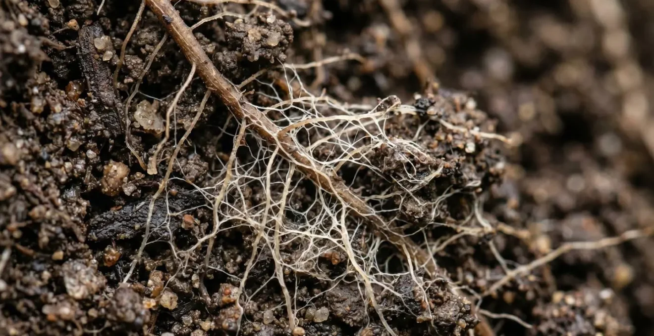 Extreme macro photograph showing plant root hairs with mycorrhizal fungal hyphae creating an underground carbon transport network in rich soil