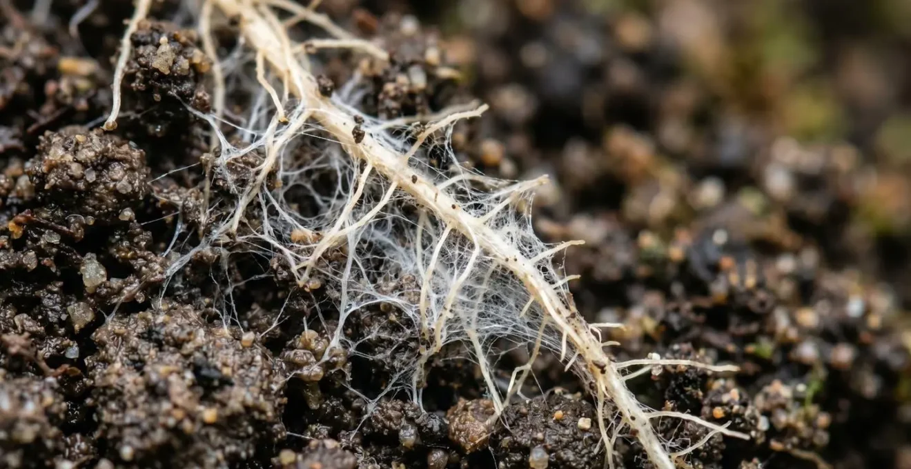 Extreme macro close-up of wildflower roots with mycorrhizal fungal networks in soil structure