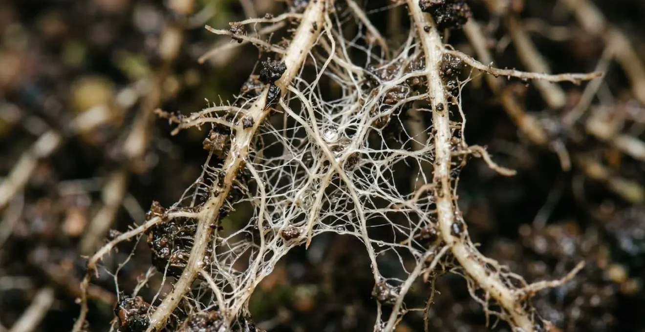 Extreme close-up of root fibers intertwined with mycorrhizal fungal hyphae showing the biological drainage network