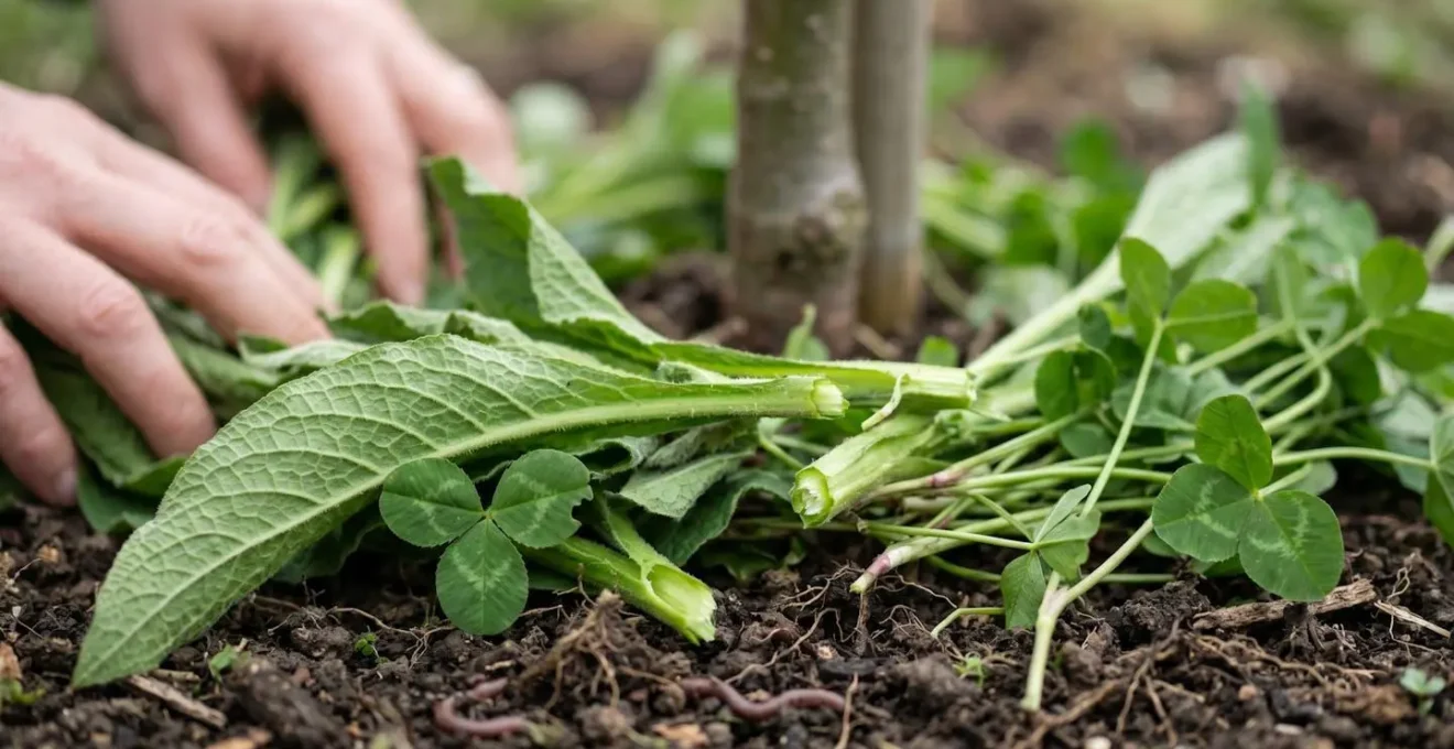 Close-up of hands performing chop-and-drop mulching technique with nitrogen-fixing plant material around fruit tree base