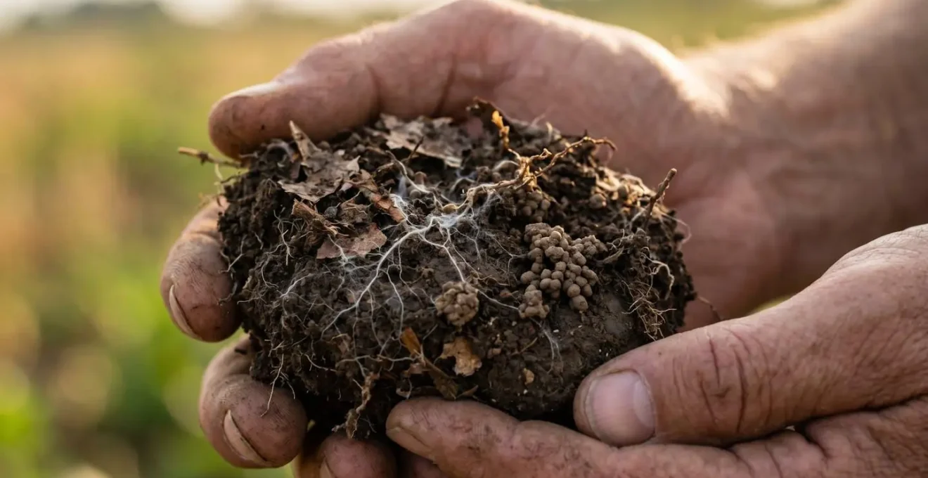 Hands holding a rich soil sample, revealing intricate root systems and organic matter, set against a blurred agricultural field background.