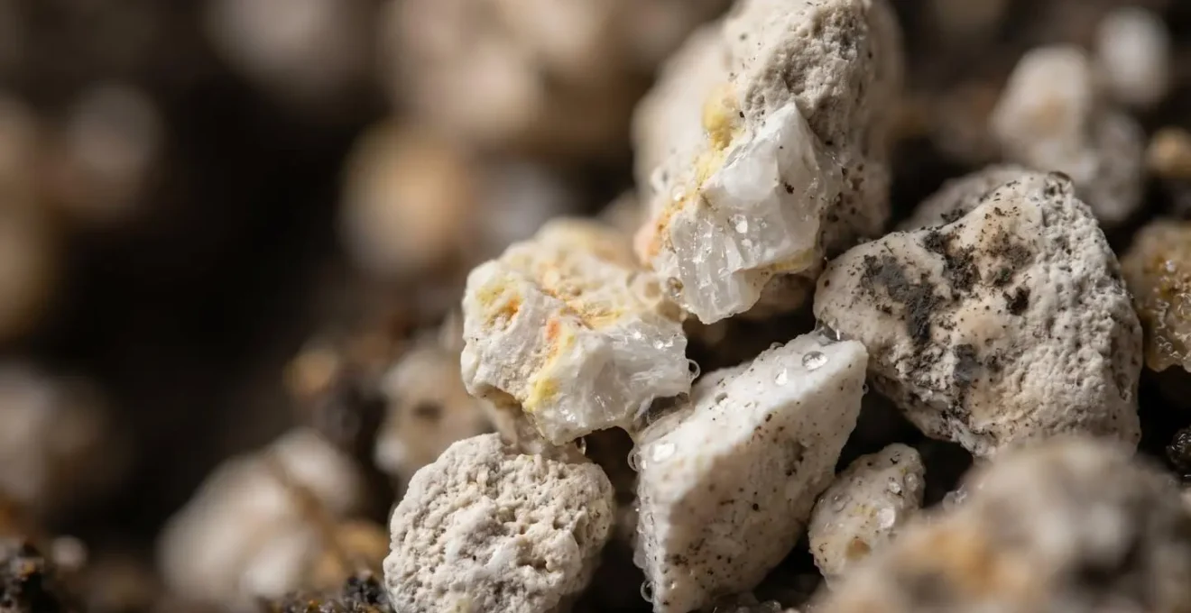 Extreme close-up of chalk soil particles showing calcium carbonate crystals and nutrient precipitation mechanisms at microscopic scale
