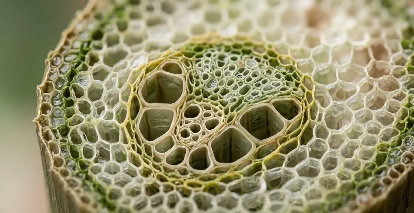 Macro photograph showing plant vascular tissue structure with visible phloem bundles and nutrient transport pathways