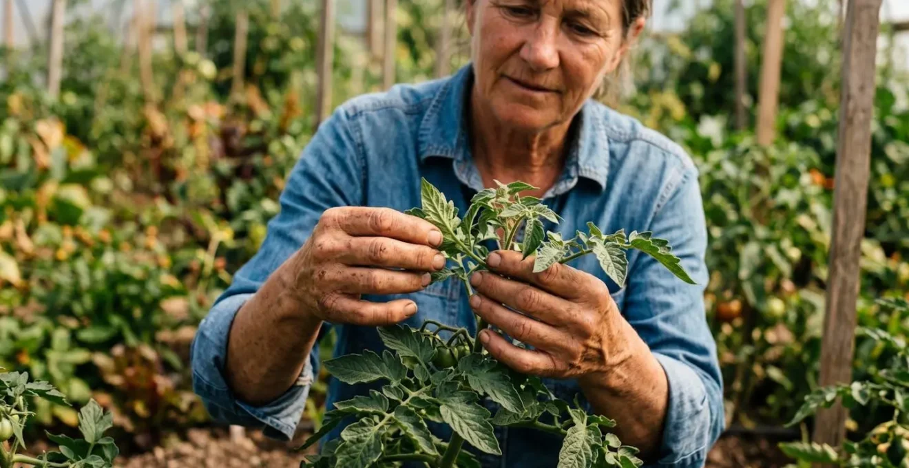 Farmer hands selecting healthy plant specimens in diverse crop population demonstrating participatory breeding techniques