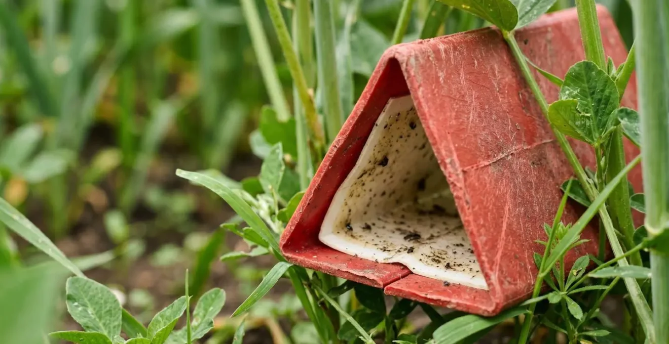 Red delta pheromone trap positioned at crop height in UK agricultural field for integrated pest management monitoring of flying insect pests