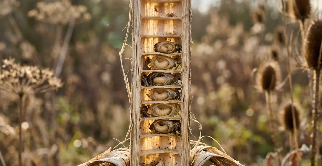Close-up cross-section of hollow plant stem showing solitary bee larvae in partitioned cells