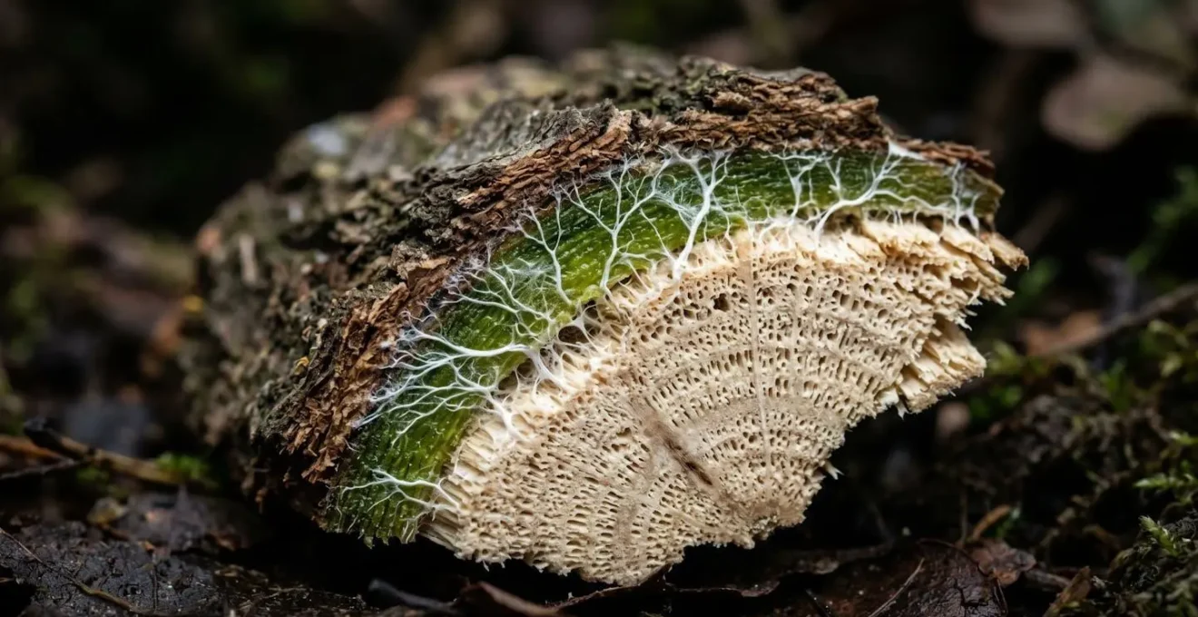 Cross-section of fresh ramial wood chip showing cambium layer with white fungal hyphae beginning colonization