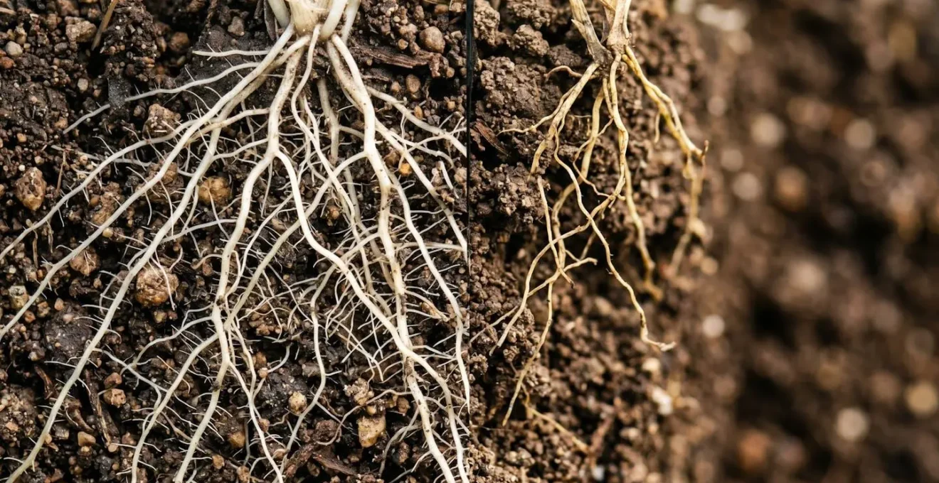 Macro close-up comparison showing deep fibrous grass roots versus shallow stressed root systems under rotational grazing management