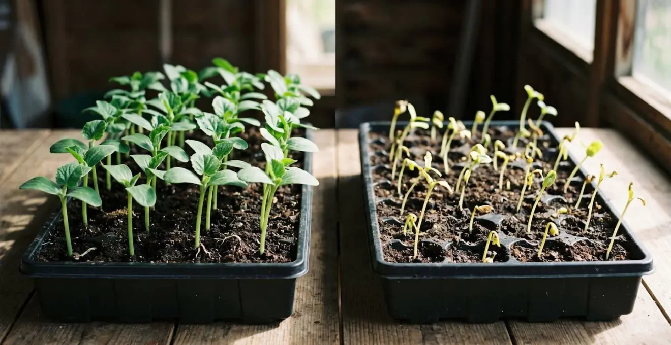 Symbolic representation of seed quality differences showing contrasting plant vigor and health outcomes