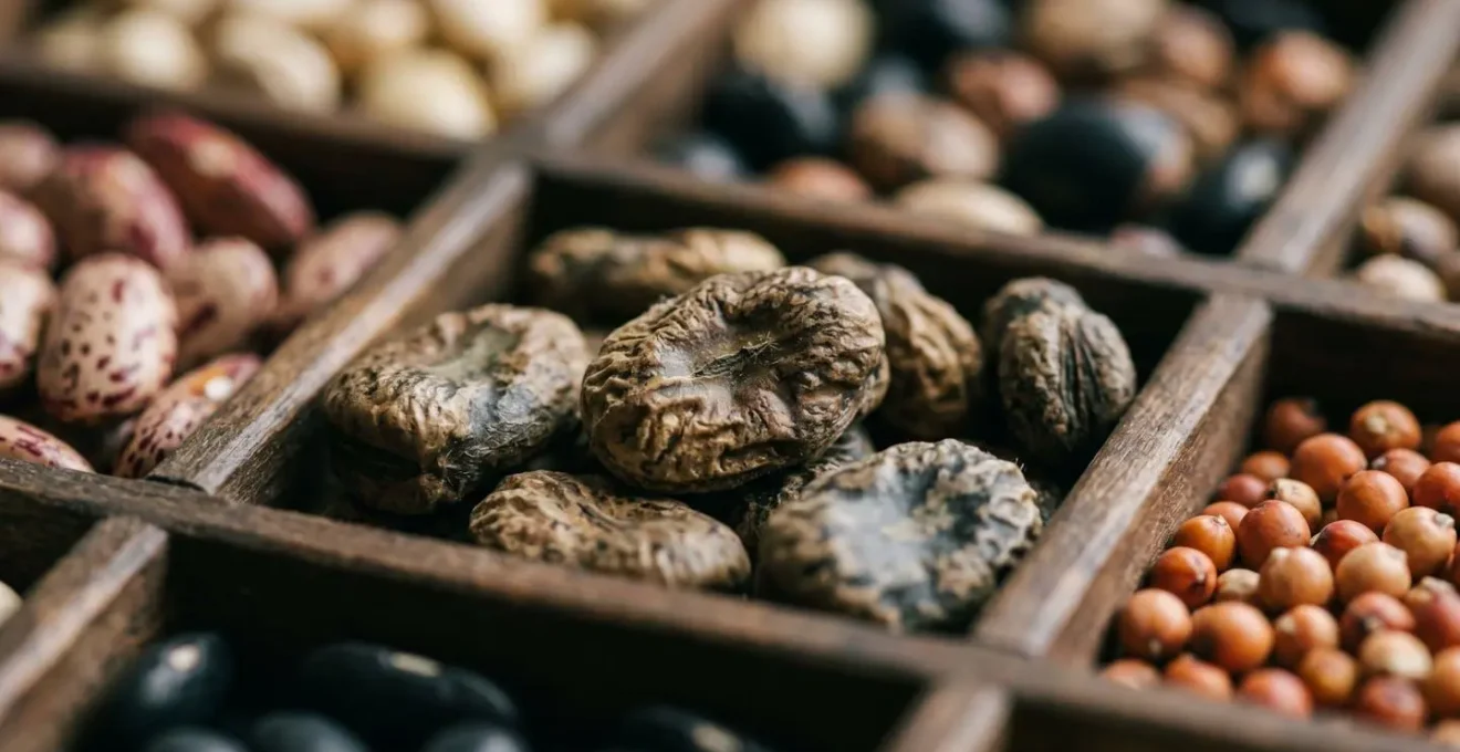 Organized collection of heritage seeds in storage containers representing on-farm seed banking and genetic preservation